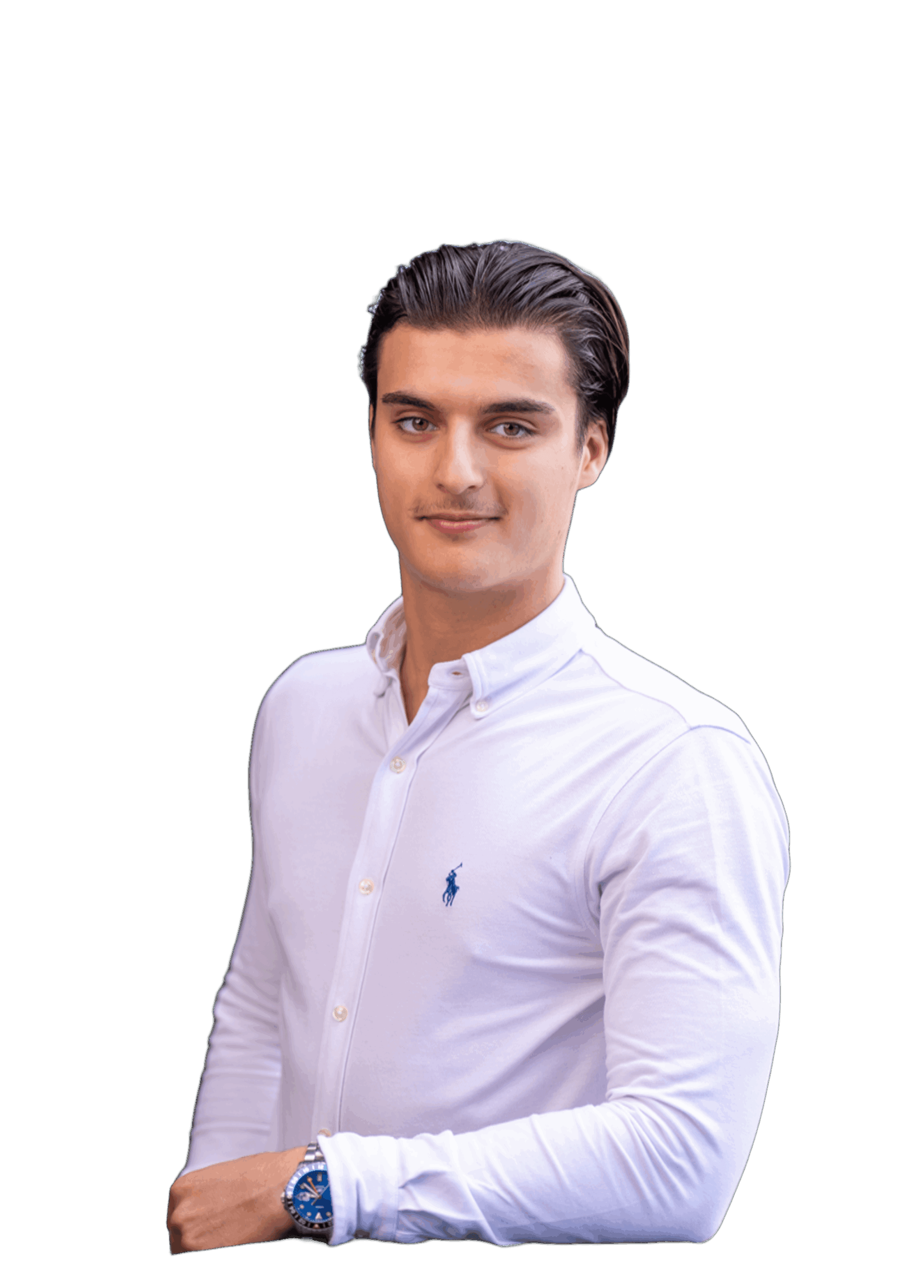 Portrait professionnel de Damien Robert, entrepreneur, portant une chemise blanche et une montre, photo corporate sur fond transparent.